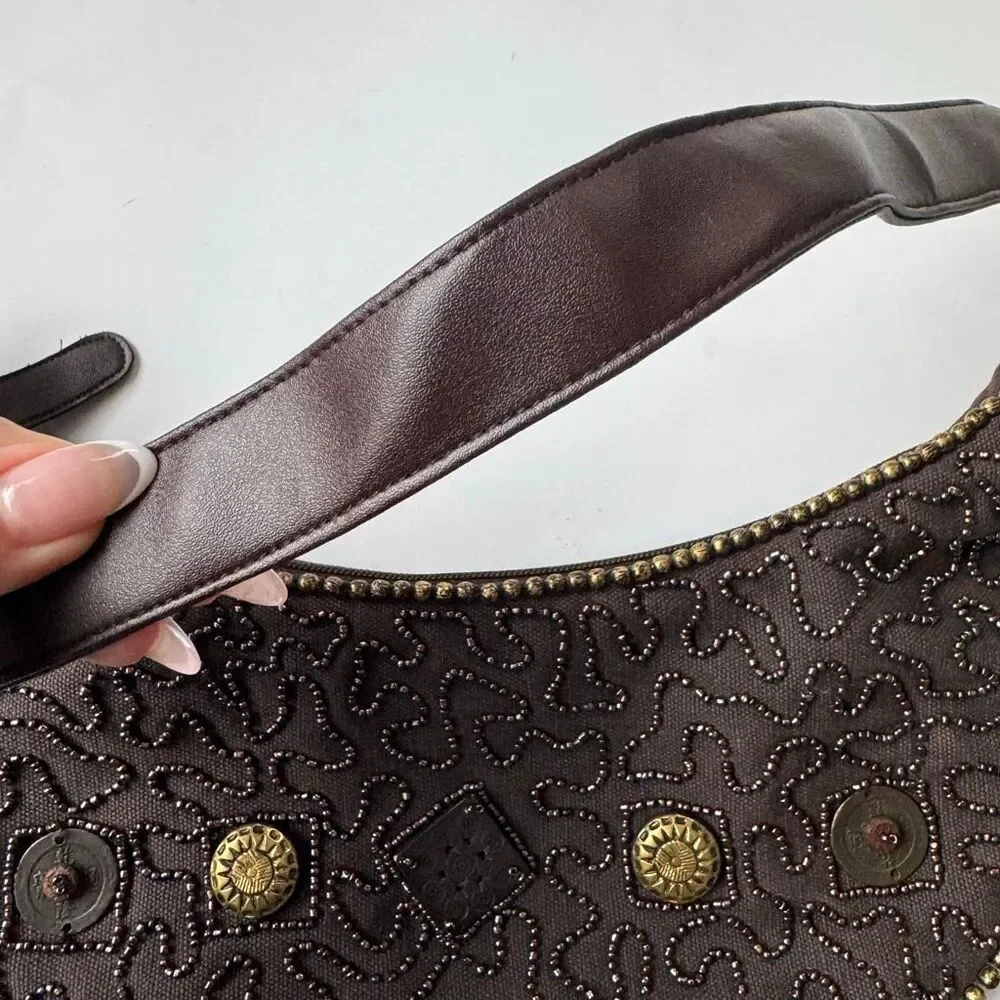 Beaded Made In India Brown Crescent Mini Shoulder Bag Party Purse Zipper Y2K